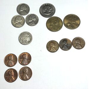 Vintage Coin Lot Buffalo Nickel Wheat Pennies Sacagawea Susan B Anthony 14 Coins